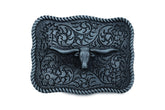 Texas Longhorn Filigree Background Silver Metal Belt Buckle